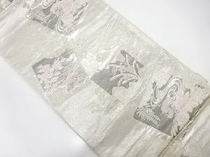 久保坂製　プラチナ箔色紙散らしに流水・草花模様織出し袋帯